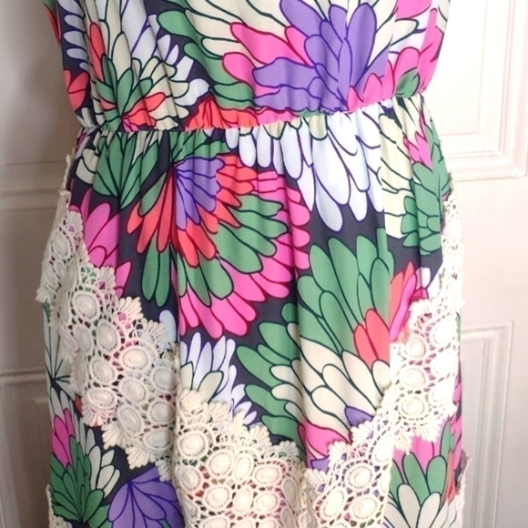 Judith March Floral Maxi Dress Size L Crochet Details Racer Back - Picture 5 of 7